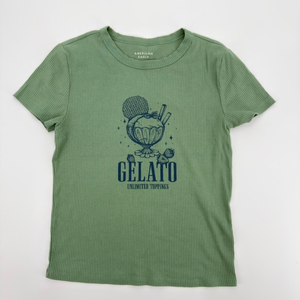 American Eagle Womens Gelato Graphic Ribbed Tee Sage Green Short Sleeve Size M